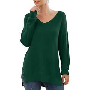 GRECERELLE Sweater Womens Sz S Green Long Sleeve Pullover V Neck Split Hem Visco
